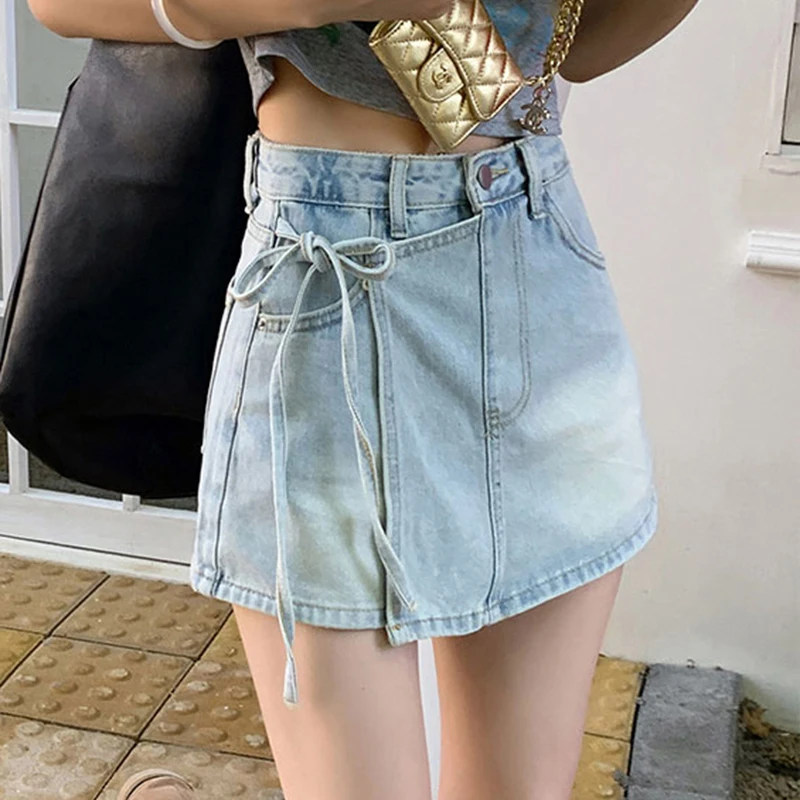 Washed Women's High Rise Asymmetrical Hem Denim Skorts Lace-Up Wrap Button Front Summer Holiday Casual Blue Jean Skort Girls