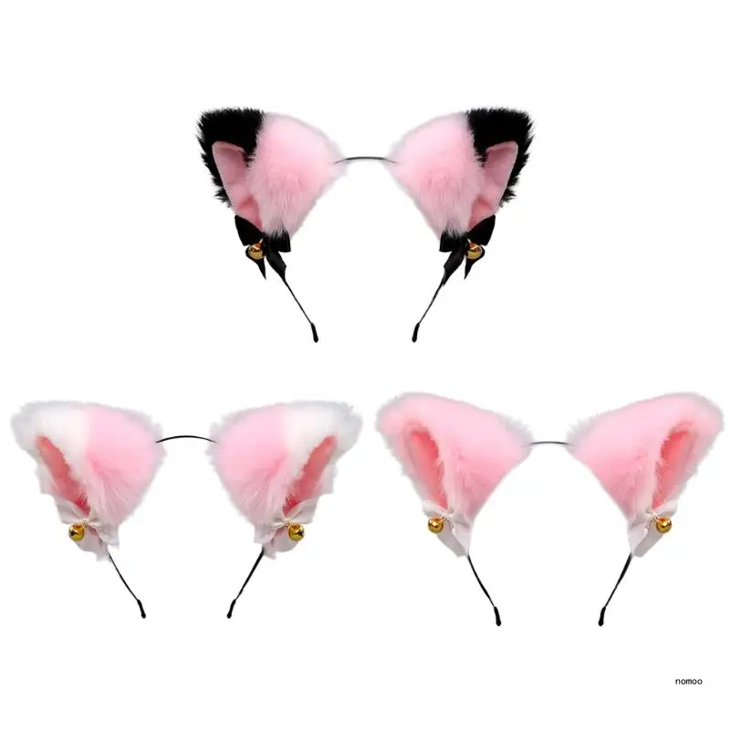 

Faux Fur Pink Kitten Ears Headband with Bowknot Furry Plush Animal Cosplay Hair Hoop Halloween Party