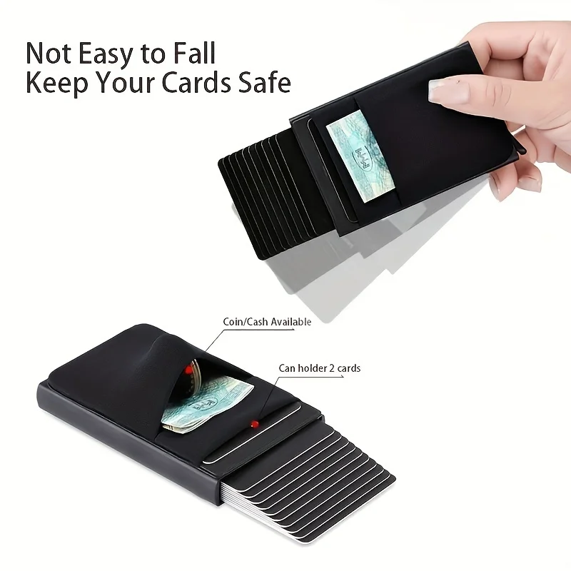 Slim Aluminum RFID Wallet with Elastic Back Pouch and Automatic Card Pop-Up Mechanism