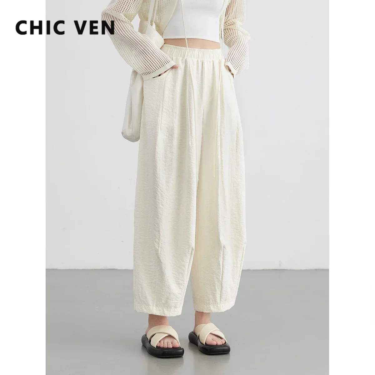 CHIC VEN femmes blanc pantalon solide décontracté taille élastique taille haute plissé jambe large femme pantalon pli été 2025 vêtements