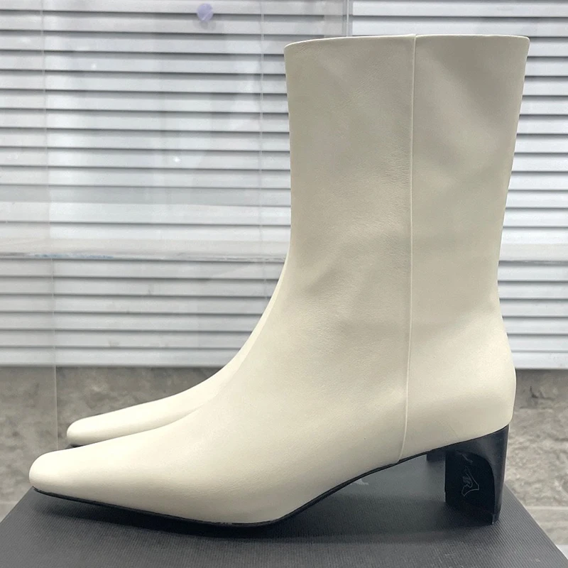 

Women Short Boots Spring Autumn New Genuine Leather Upper Design Square Head Mid Heel Ankle Boots Concise Versatile Female Shoes