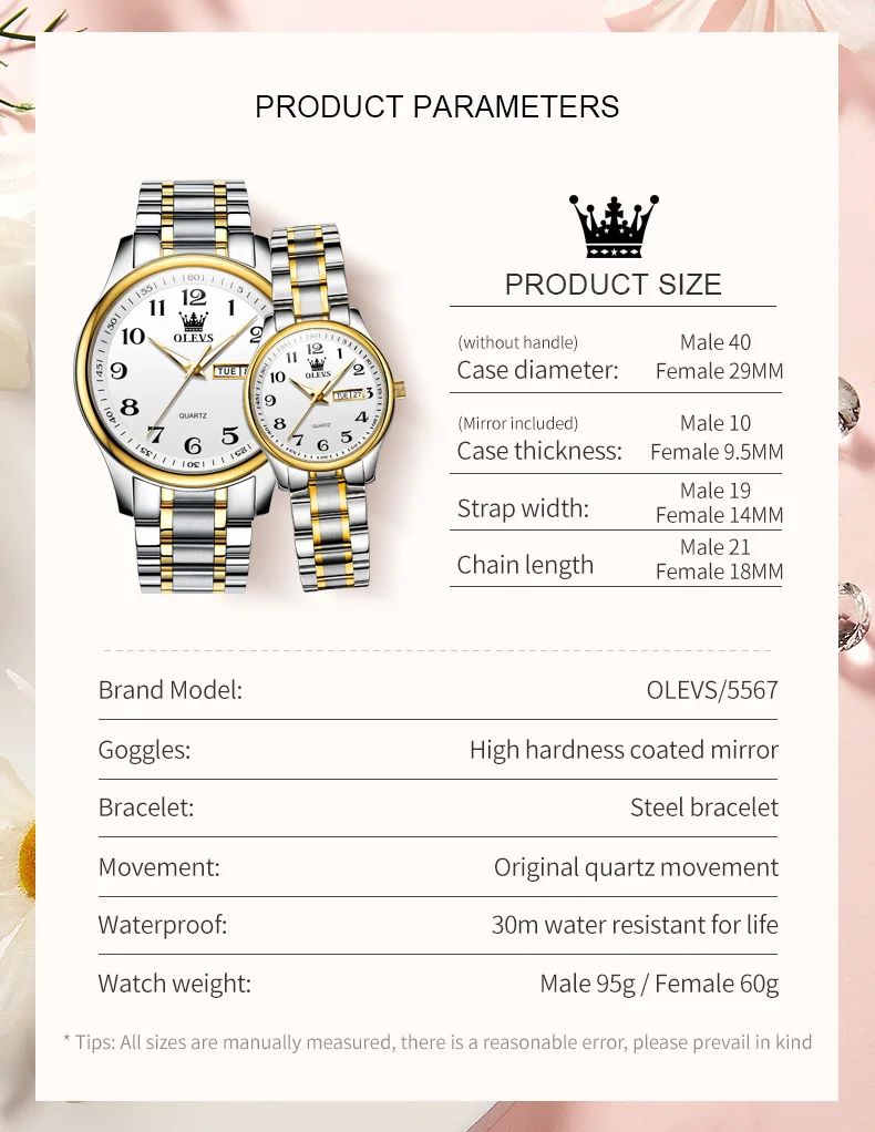 OLEVS 5567 Original Quartz Couple Watch for Men and Women Classic Digital Dial Week/Date Business Luxury Lover\'s Wristwatch Gift