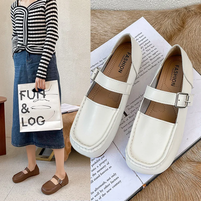 

Туфли женские кожаные на плоской подошве, лоферы с квадратным носком, с пряжкой, повседневная обувь в британском стиле, Mary Janes