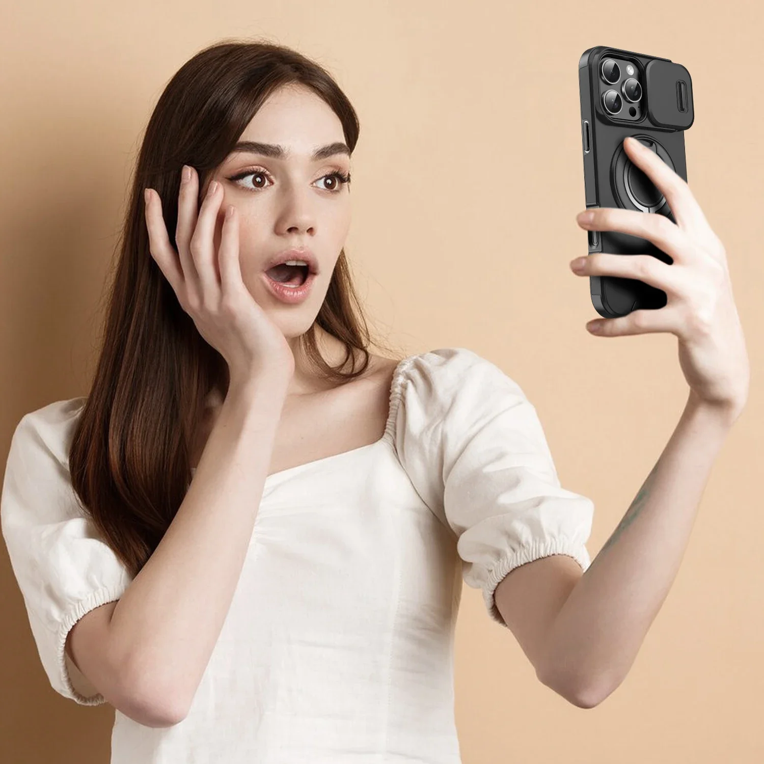Csúsztatható kameralencse-védő tok iPhone 16 15 14 Plus 13 12 11 Pro Max 360 fokban forgatható mágneses gyűrűtartó borítóval Coque_voghion.com