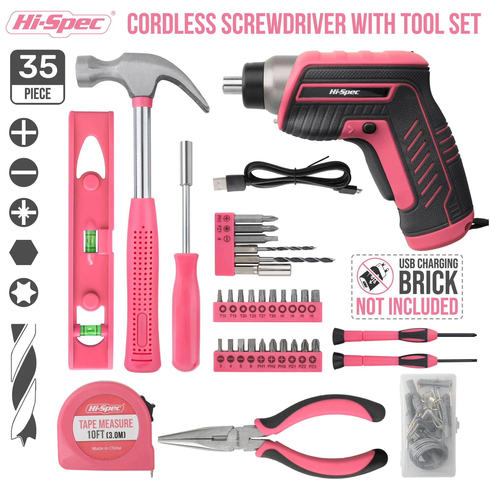 Hi-Spec 35 Piece Pink Black Cordless Screwdriver Set Image 1
