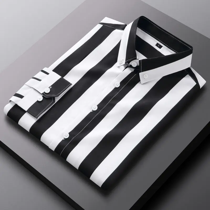 

2022 Autumn New Korean Fashion Casual Button Down Tops Men Design Brand Slim Fit Male Shirts Long Sleeve Striped Blouses A36