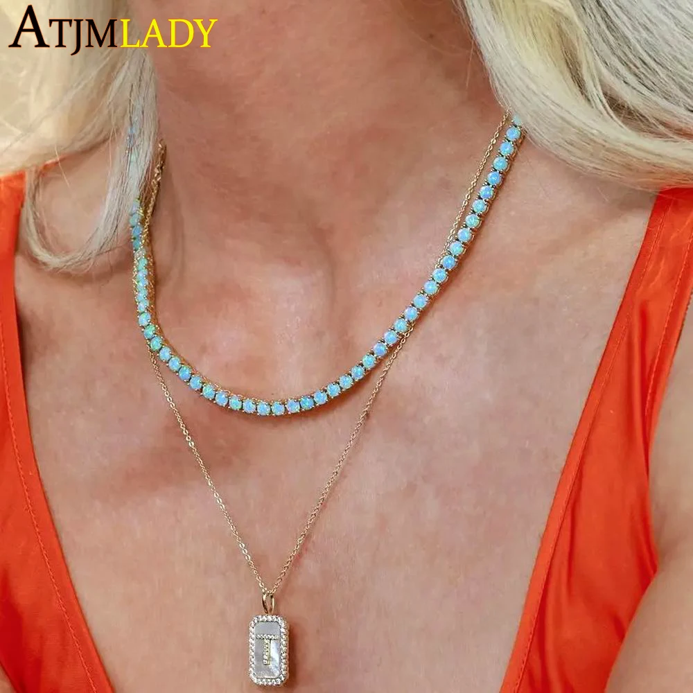 New High Quality Gold Color Plated 3MM Turquoise Stone Paved Tennis Chain Necklace For Women Girls Fashion Jewelry Choker