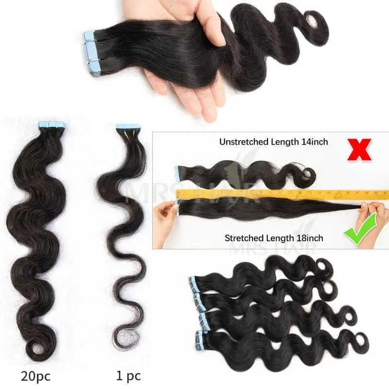 MRSHAIR 바디 웨이브 테이프 인모 연장 레미 테이프 헤어 익스텐션 스킨 웨프트 천연 헤어 익스텐션 바디 웨이브 26인치