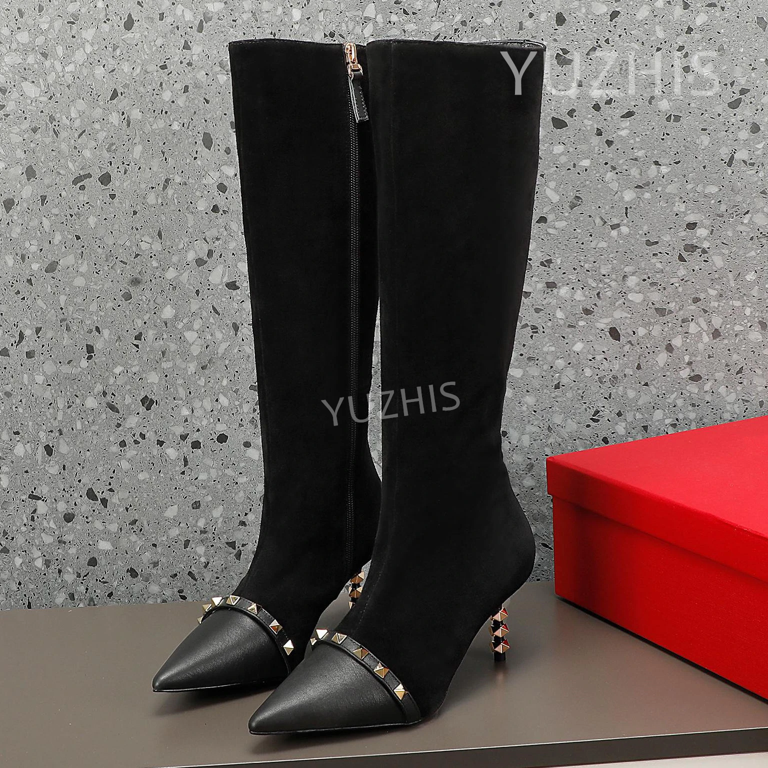 

Runway Pointed Toe Thin High Heel Morden Boots Women Real Leather Metal Rivet Zip Long Boot Sexy Autumn Winter Knee High Boots