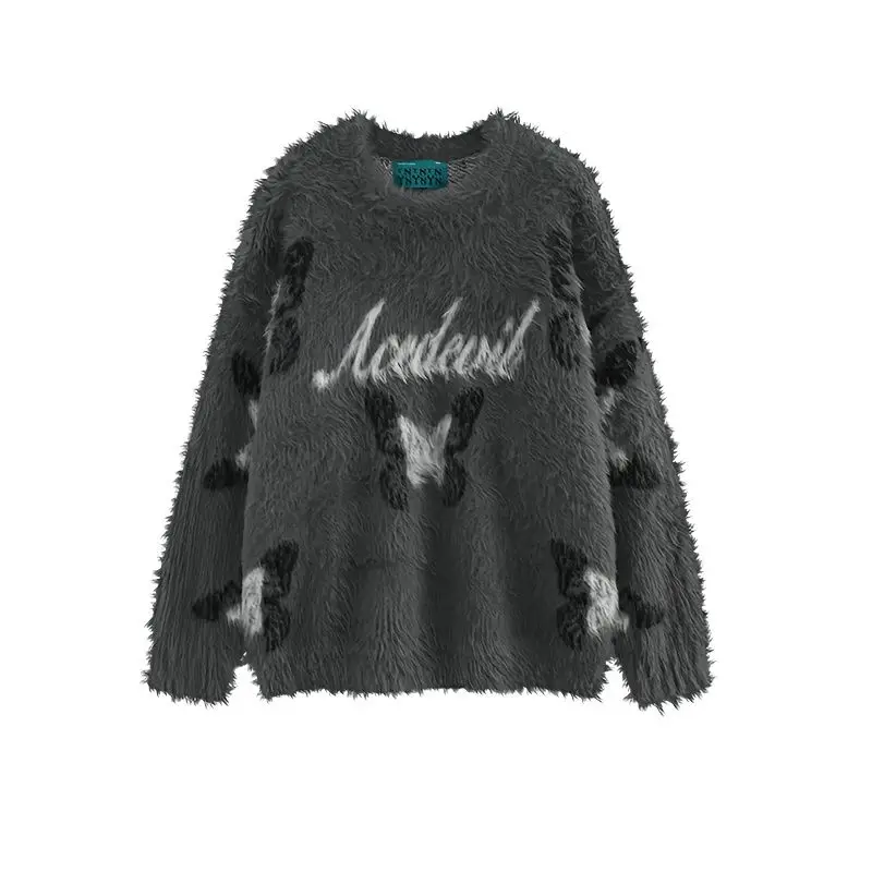 

Men Women Imitation Mink Velvet Letters Butterfly Jacquard Sweaters Autumn Winter O-neck Loose Casual Couple Pullovers Knitwear