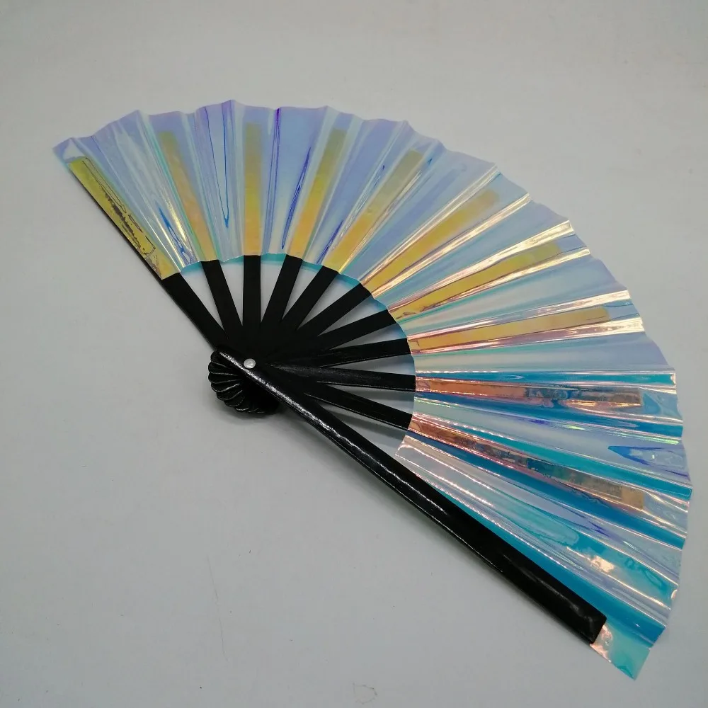Reflective Gradient Colorful Laser Colors Hand Fan PVC Bamboo Handle Folding Hand Large Size Dancing Fan Photography Prop folding fan hand fan