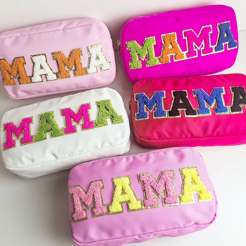 

MAMA Makeup Storage Bag Nylon Travel Cosmetic Bag Cute Letter Patches Embroidery Toiletry Wash Pouch Organizer Mother's Day Gift