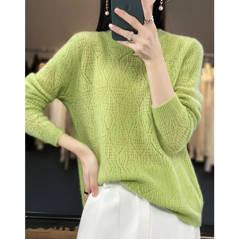 Women 100% Pure Merino Wool Sweater Round Collar Diamond Square Hollow Pullover Spring Autumn Basis Casual Warm Knitting Top 2