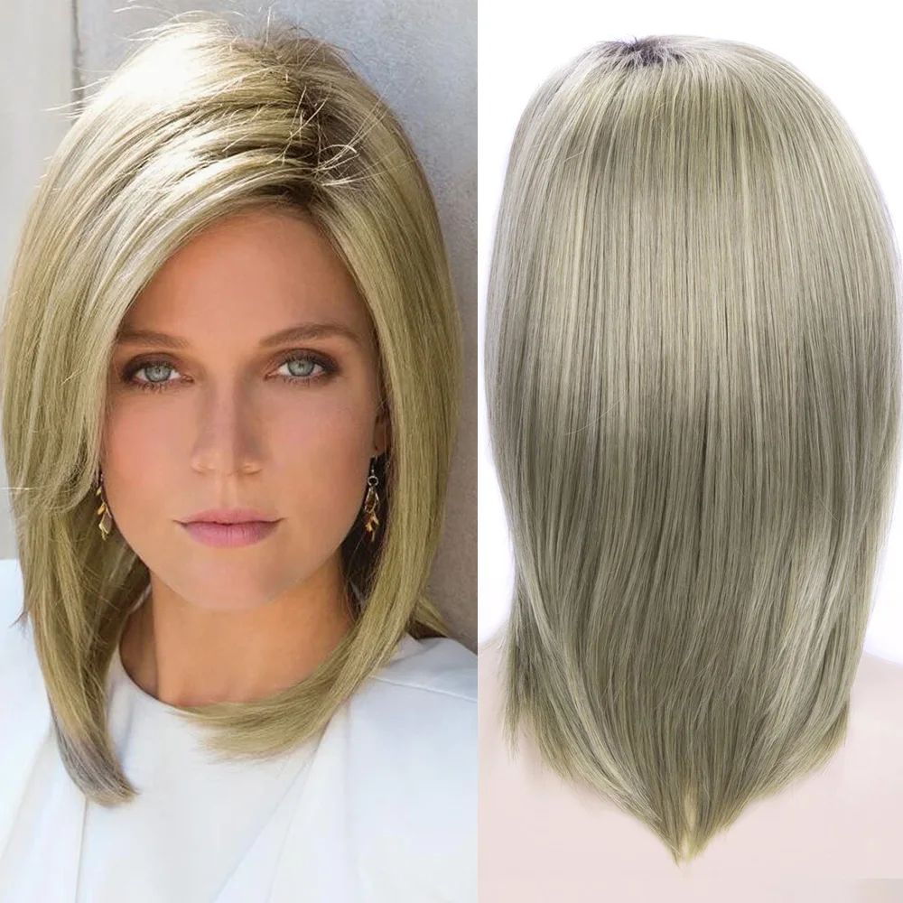 GNIMEGIL Synthetic Blonde Wig Bob Short Women Wigs Straight Hair Wig with Bangs Two Tones Sexy Hairstyle Dark Root Ombre Wigs