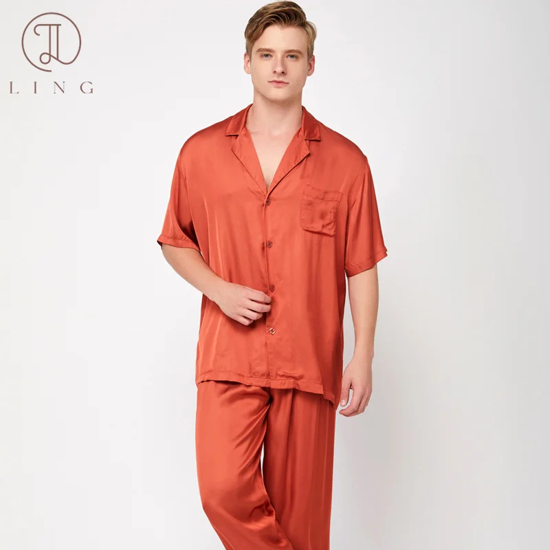 Ling Mens Pajama Sets Half Sleeve Ginger Orange Silk Satin Men's Sleep Lounge Sleepwear Elegant Two Piece Sets 100% Viscose