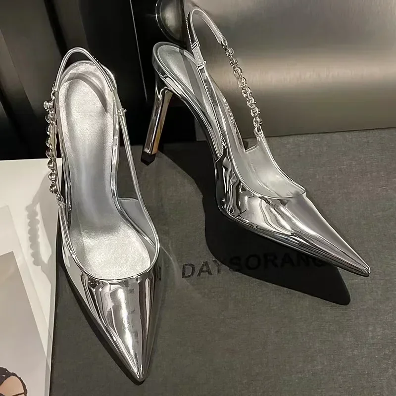 Shiny High Heels Silver Metallic Pumps Detail View