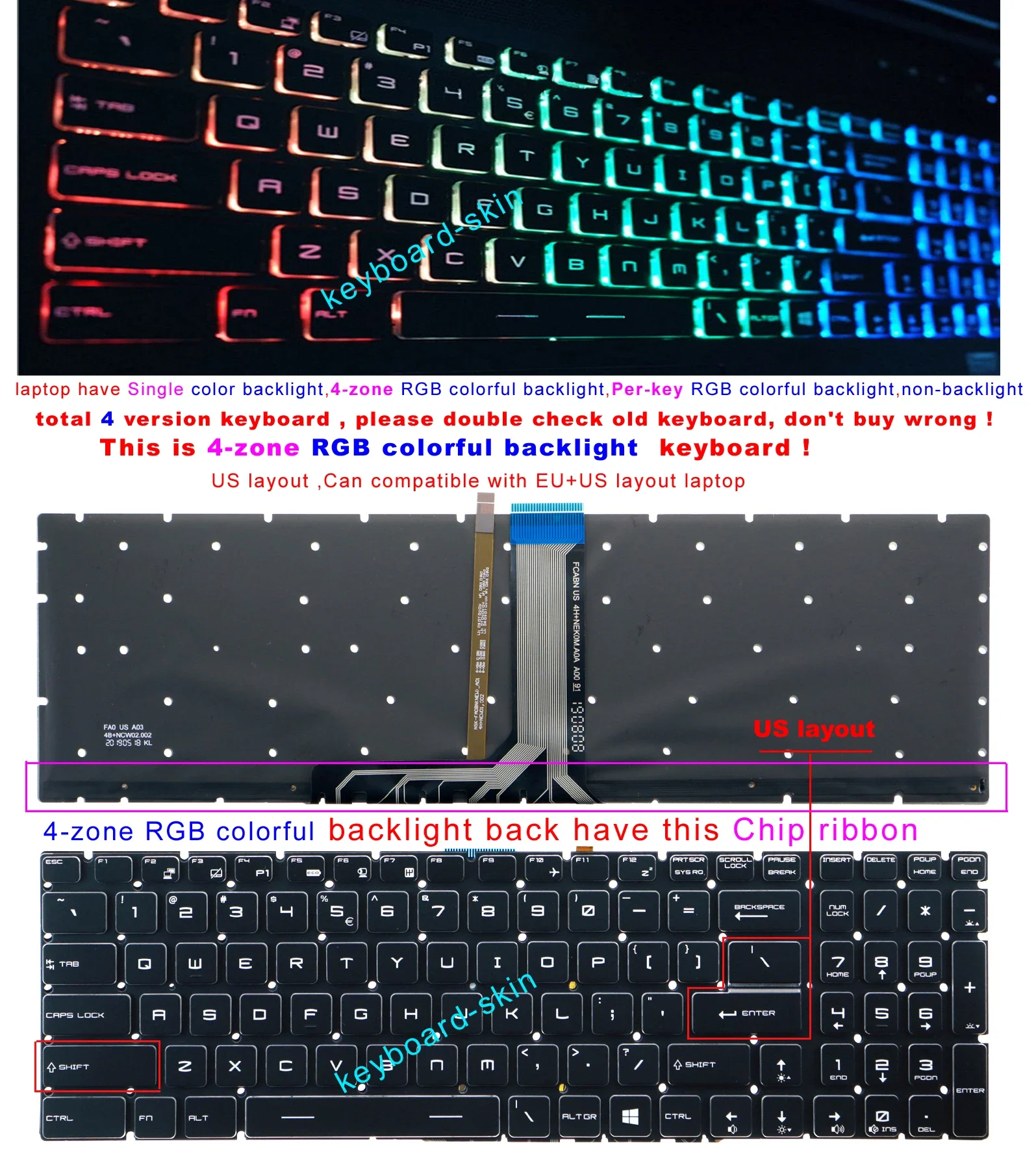 Teclado Americano Rgb Colorido com Retroiluminação para Msi Gs73 Gs73vr Gp72 Gp72mvr Gp62 Gp62mvr Gp62vr Gt73 Gt73vr Gs63 Furtiva 8re 8rf Novo
