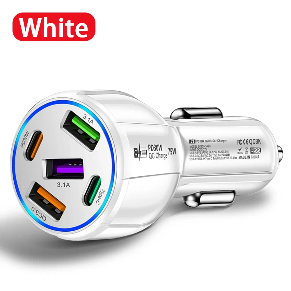 5 Ports USB Car Charger 75W PD Type C Fast Charging Charger In Car For iPhone Sa