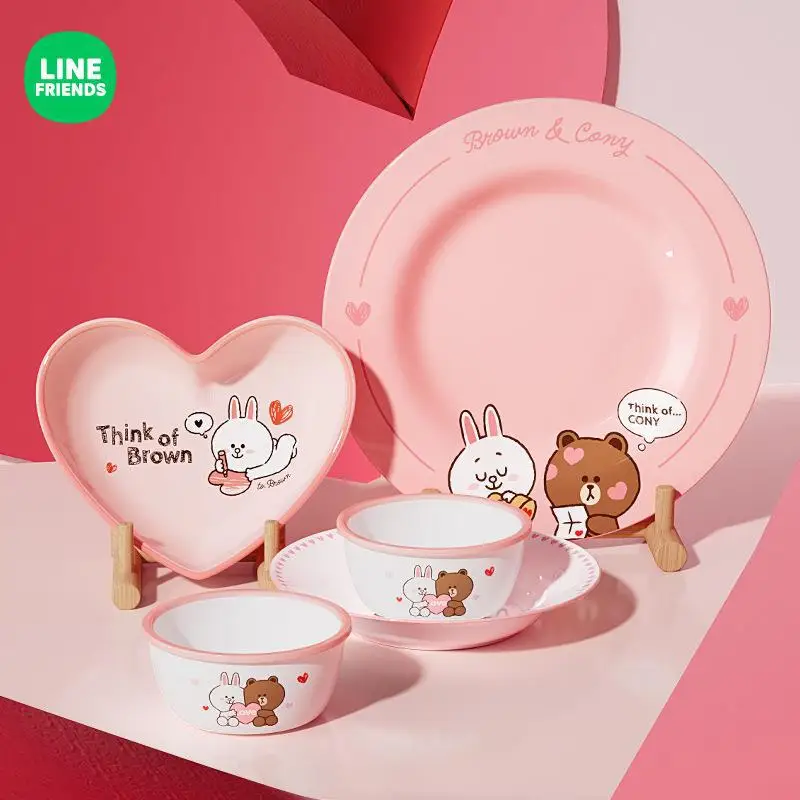 

5Pcs Anime Brown Bear Sally Cony Valentine Day Ceramic Tableware Set Kawaii Creative Pink Love Home Plate Rice Bowl Gift Box Set