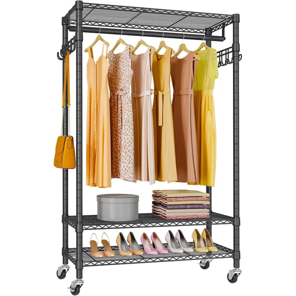 R1 Rolling Garment Rack Heavy Duty Clothes Rack for Hanging Clothes, Portable Closet Wardrobe with Wheels and Side Hooks,