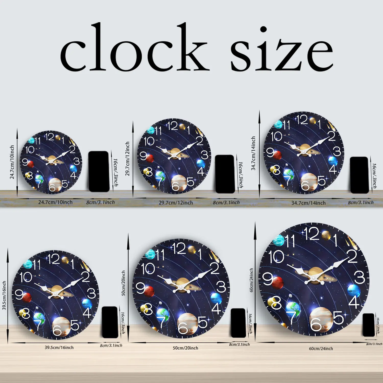 Wooden Wall Clock with Universe and Planet Motifs, 10-14inch Silent Wall Clocks, Aa Battery Powered, Suitable for Living Room, Bedroom, Office, Valentine's Day, Carnival, Ramadan, (Battery Not Include - 3