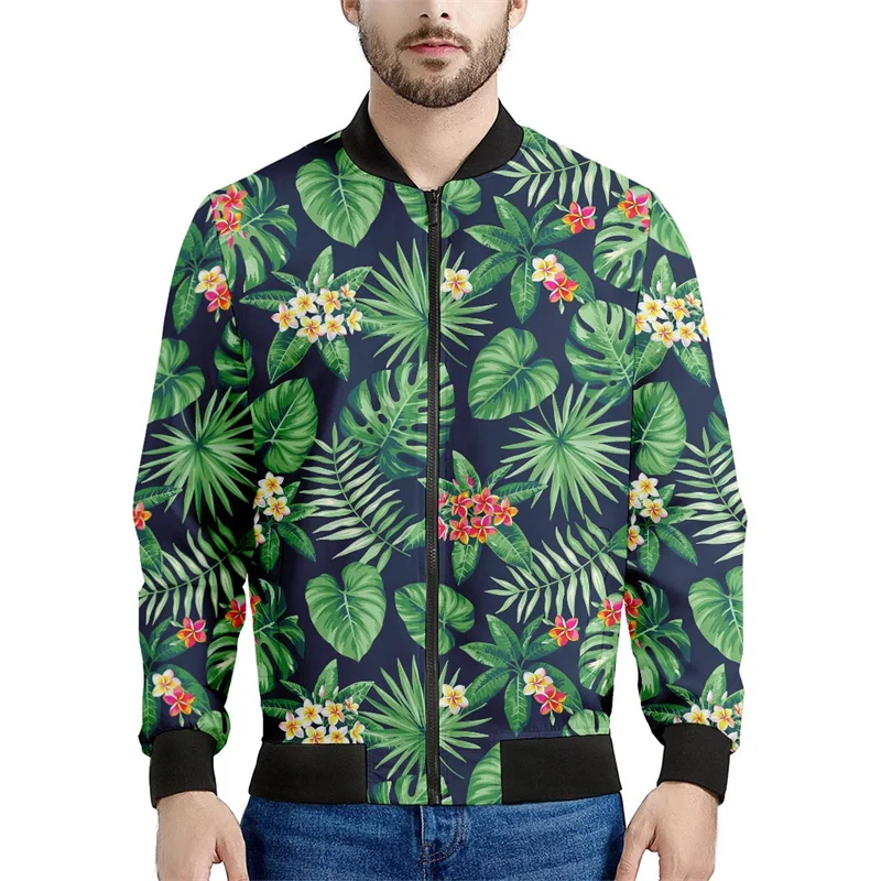 thumbnail image 1 of Chaqueta bomber con estampado de hojas tropicales en flor para hombre, sudadera de manga larga en 3D, chaqueta bomber de calle de gran tamaño con cremallera, 1 of 4