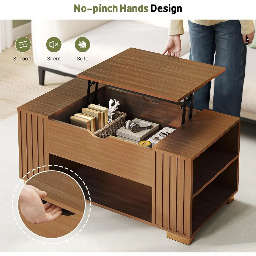 Fluted Lift Top Coffee Table-Wooden Square Coffee Table with Hidden Compartment and Adjustable Storage Shelf,Mid Century Table 5