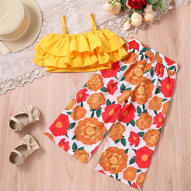 3-8Y Kids Girls Clothes Summer Outfit Solid Color Ruffles Sleeveless Sling  Tank Tops and High Waist Flower Print Wide-Leg Pants - AliExpress