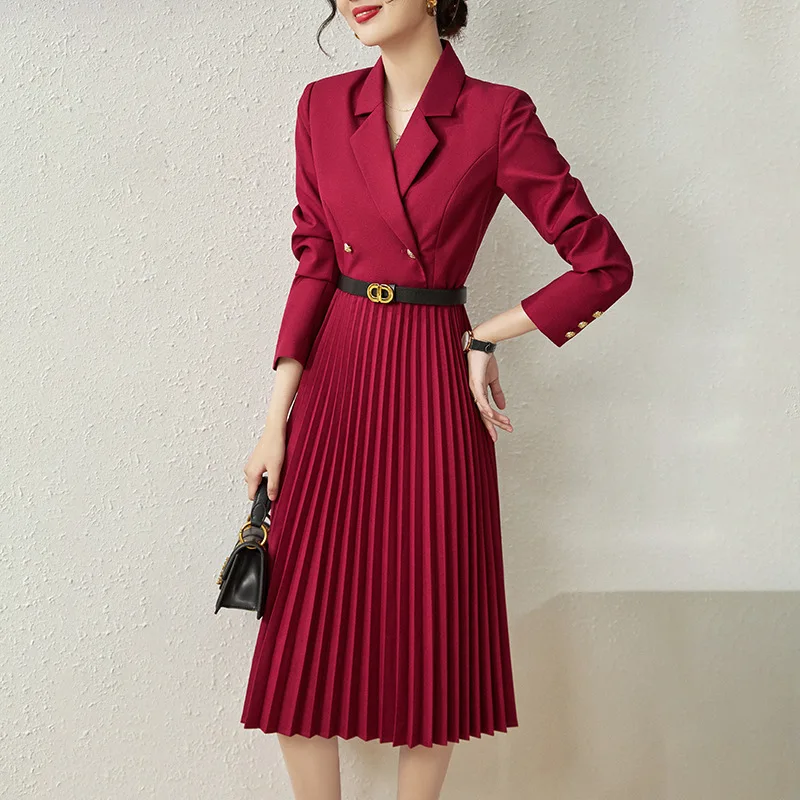 

Workplace French Style OL Commuting Waist Slim Suit Dress Solid Color High Waist Pleated Dress Women Spring 2023