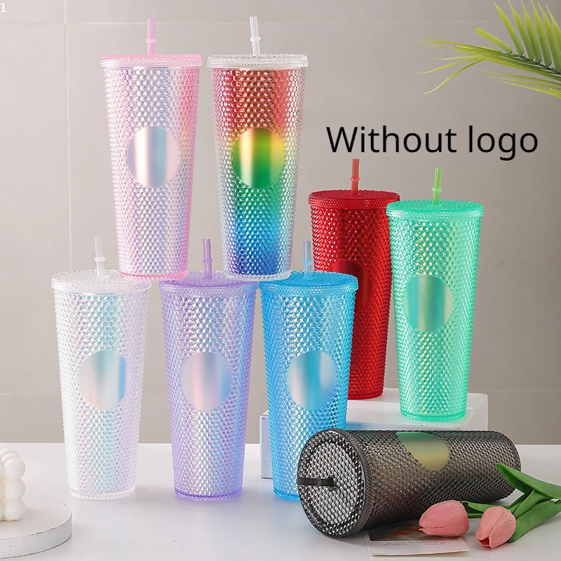 

Straw Cup Double layer Electroplated Colorful Durian Cup Women's 710ml Large Capacity Straw Cup Straight Body Cup Student Gift