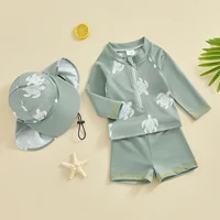 Cute Children Boys Rash Guard Swimwear Kids Bathing Suit Summer Long Sleeve Turtle Print T-shirt with Shorts and Hat Swimwear 1