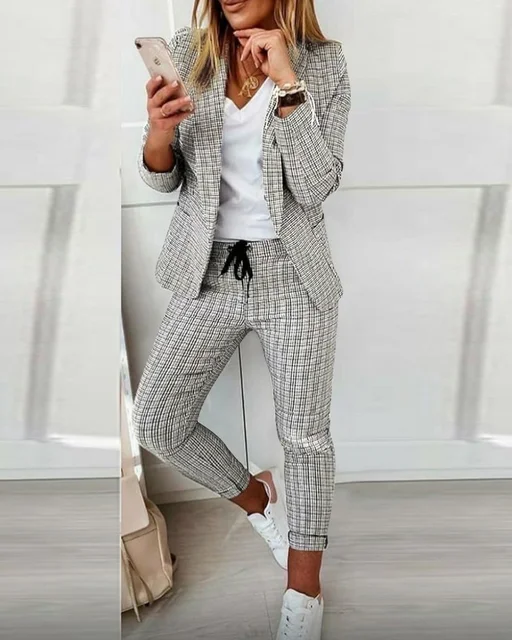 Женский офисный костюм в клетку, элегантный повседневный деловой костюм из двух предметов, облегающий Блейзер и брюки-карандаш, 2022 1