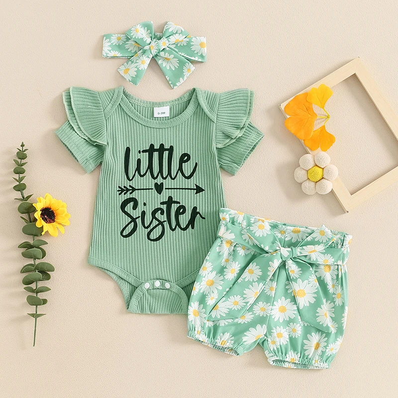 

Suefunskry Baby Girl 3Pcs Summer Set, Letter Print Short Sleeve Romper Daisy Print Shorts with Belt Headband Infant Outfits