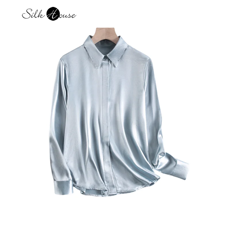 

25MM Small Heavy Weight Plain Crepe Satin Polo Neck Shirt Women's OL Wind Haze Blue Versatile Casual Silk Long Sleeve Top