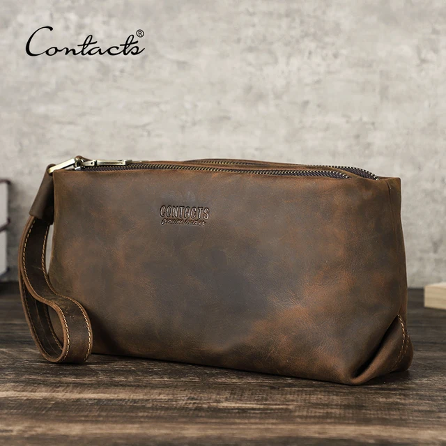 CONTACT'S Genuine Leather Men Clutch Bags Wrist Strap Crazy Horse Leather Handbag Men's Bag Phone Pocket Male Clutches Wallets 1