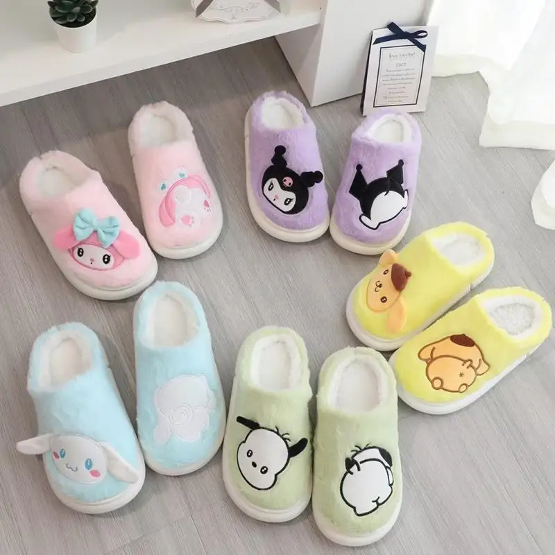 

Симпатичные шлепанцы Sanrio из мультфильма коричной волны с героями мультфильмов, My Melody Kuromi, домашние Нескользящие плюшевые теплые тапочки на толстой подошве