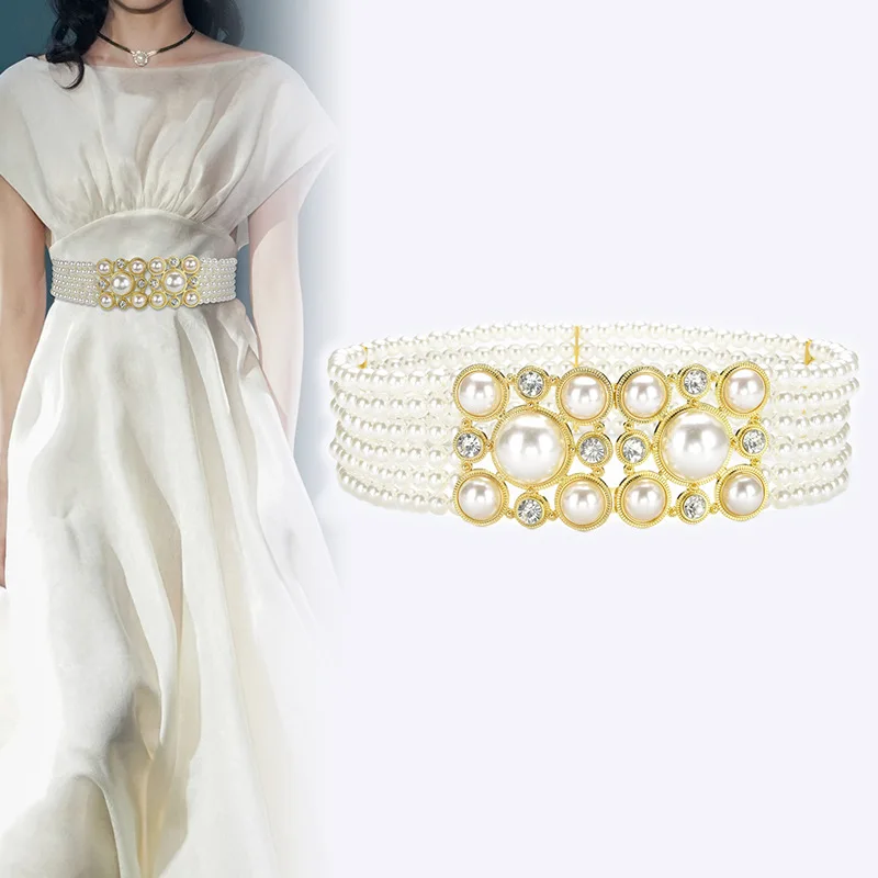 

Fashion sweet temperament string diamonds pearl belt elastic drill Women's runway Cummerbunds female Dress Corsets Waistband