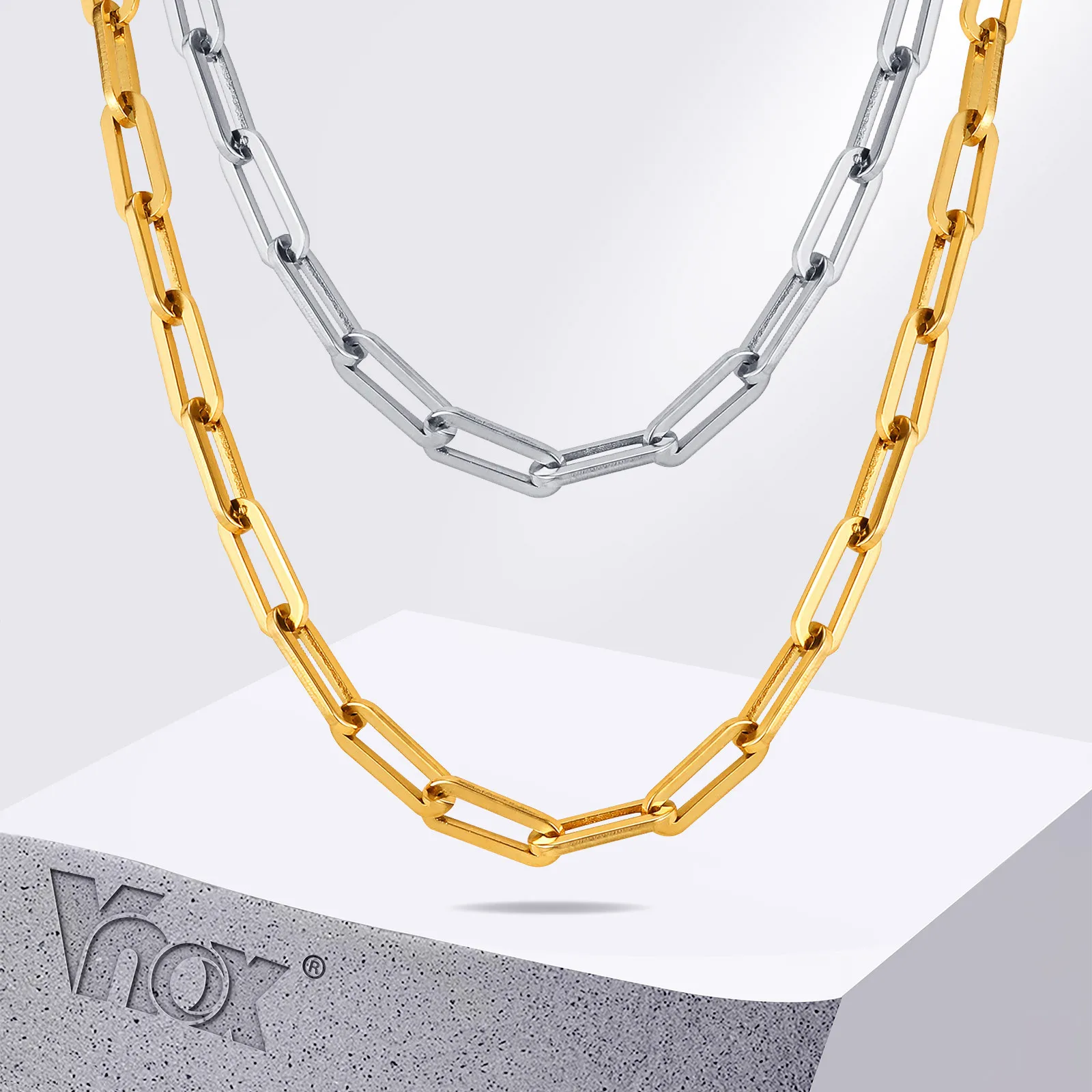 Vnox Edelstahl-Halskette mit rechteckiger Gliederkette, goldfarbene Gliederkette für Herren und Damen im Punk-Stil, neues Büroklammer-Kettenhalsband
