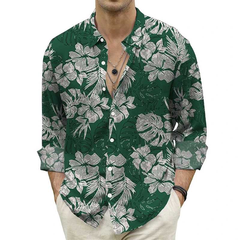

New Hawaii Shirt For Men Flower 3D Print Long Sleeve Cuban Blouse Casual Beach Summer Vacation Shirts Lapel Buttons y2k Tops 4XL