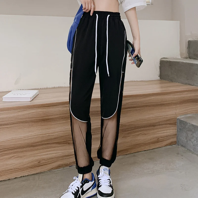 Spring Autumn Women's Summer Elastic High Waist Solid Drawstring Pockets Mesh Casual Sports Tied Lantern Trousers Vintage Pants