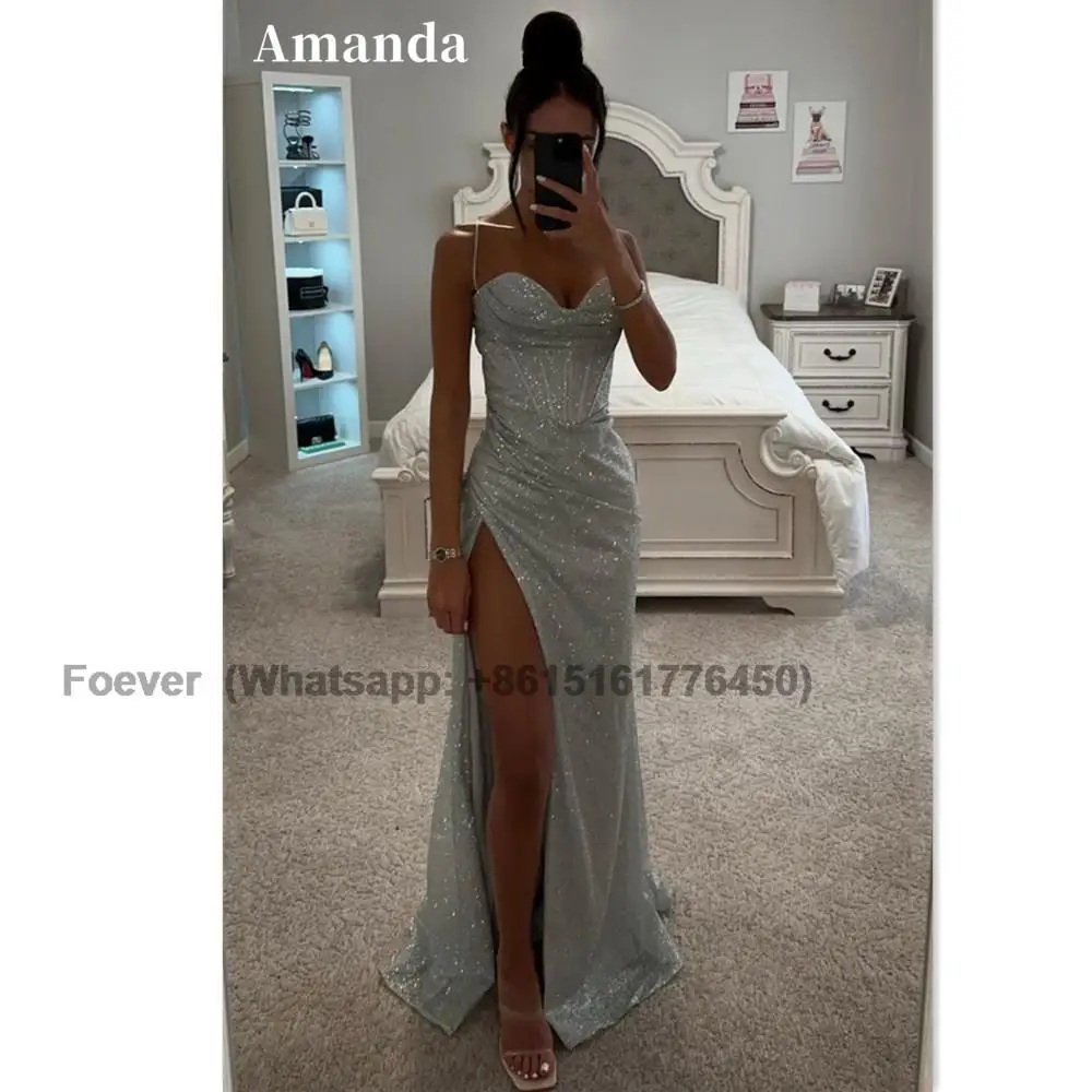 

Sexy Side Split Fishtail Vestido De Novia Bright Spaghetti Strap Prom Gown Shiny Mermaid Prom Dress Flashing فستان سهرة