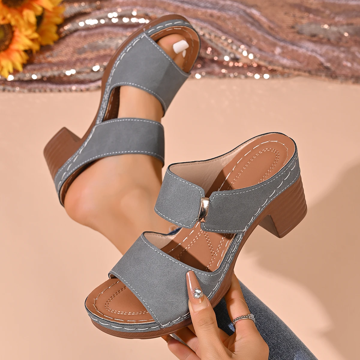 Women Summer Lightweight Hollow Sandals High Heels New Dress Chunky Open Toe Slippers Female Casual Slingback Slides Shoes 1
