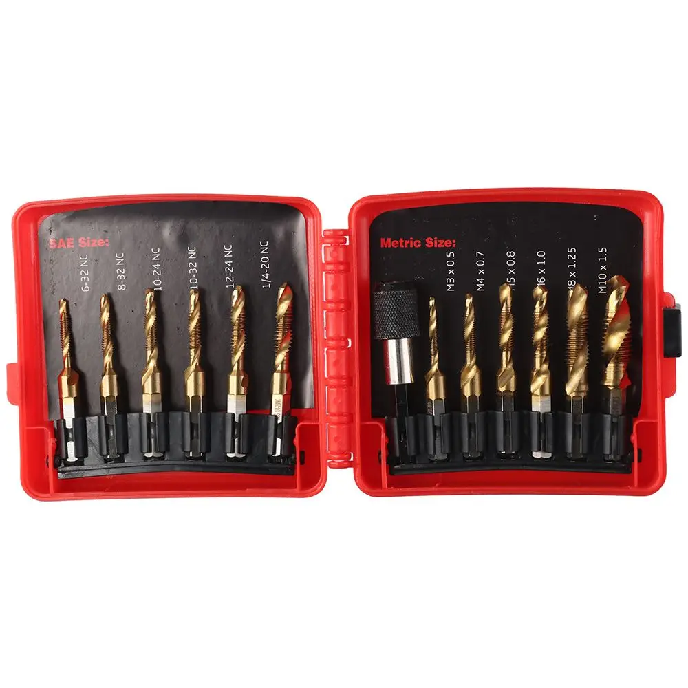 

13PCS HSS Drill Tap Bit Set M3-M10 6-32NC 8-32NC 10-24NC 10-32NC 12-24NC 1/4-20NC Screw Thread Bit Gold Hex Shank