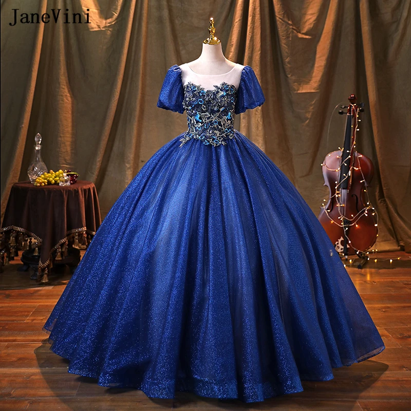

JaneVini Luxury Royal Blue Long Quinceanera Dresses Embroidery Beaded Scoop Neck Ball Gowns Sweet 16 Dress Robe Princesse Adutes