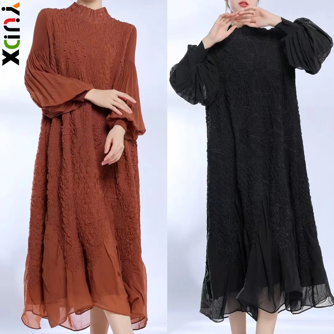 

YUDX Miyake Embroidery Pleated Dress Fall Models Half-high Neck Slim Temperament Loose Plus Size A Word Women's Skirt 2023 New