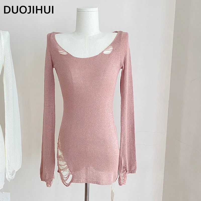 

DUOJIHUI Pink Korean Irregular Loose Female Pullover Autumn Long Sleeve Knitt Chic Hollow Out Simple Pure Color Women's Pullover
