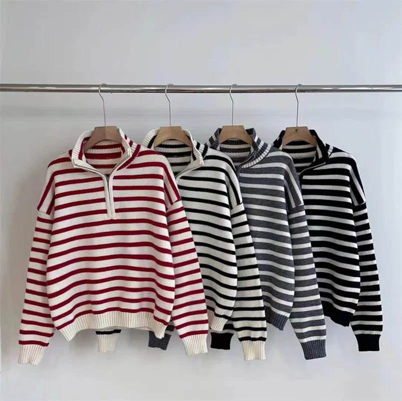 

Stripe Stand Collar Sweater Women Spring Autumn Half Zipper Long Sleeves Pullovers Fashion All-matched Simple Knitwear