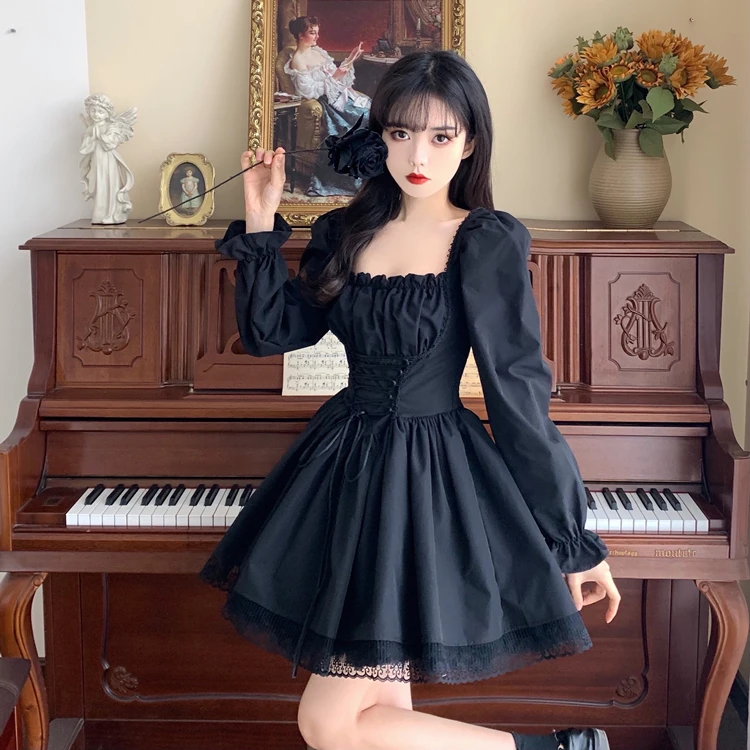 Japanese Spring Fall Women Black Mini Dress Square Collar
