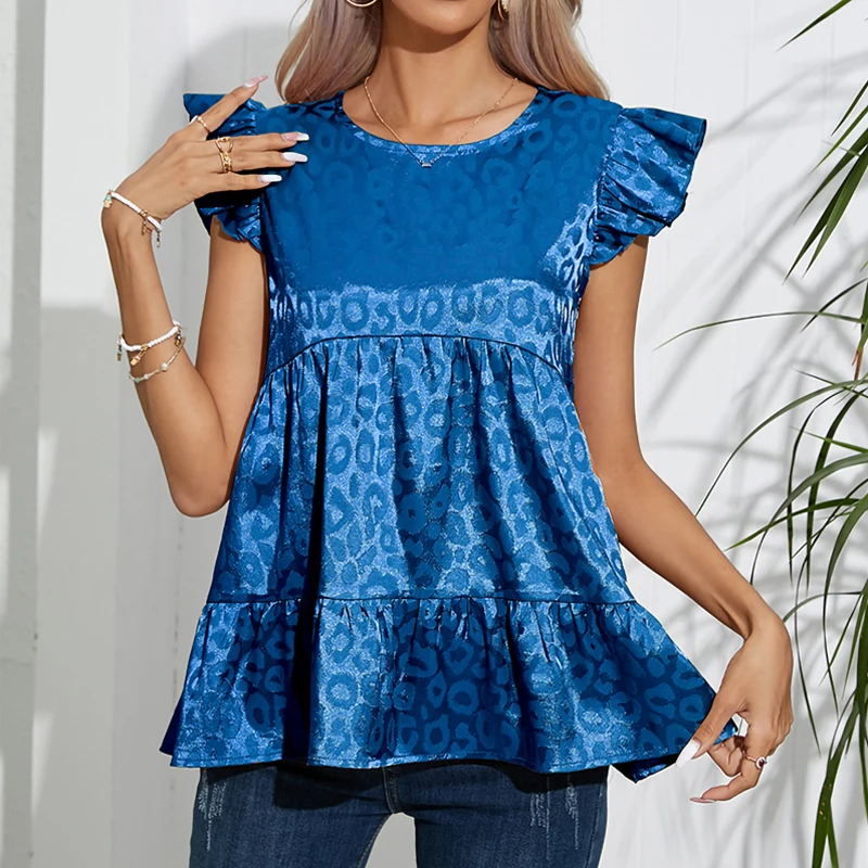 New Women American Retro Silk Ruffle Short Sleeve Blouses Summer Fashion Elegant Print Loose Shirts Casual Streetwear Tops Blusa