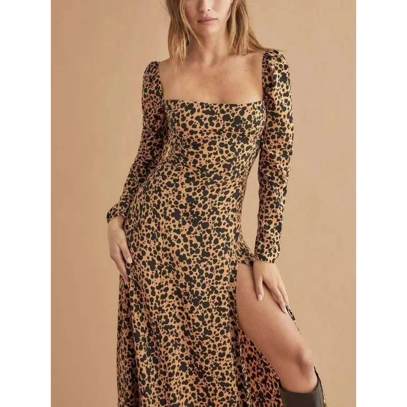 

New Arrivals 2023 Summer Top Quality Silk Sexy & Club Leopard Print Full Sleeve Square Collar Side Slit Woman Mid-Calf Dress